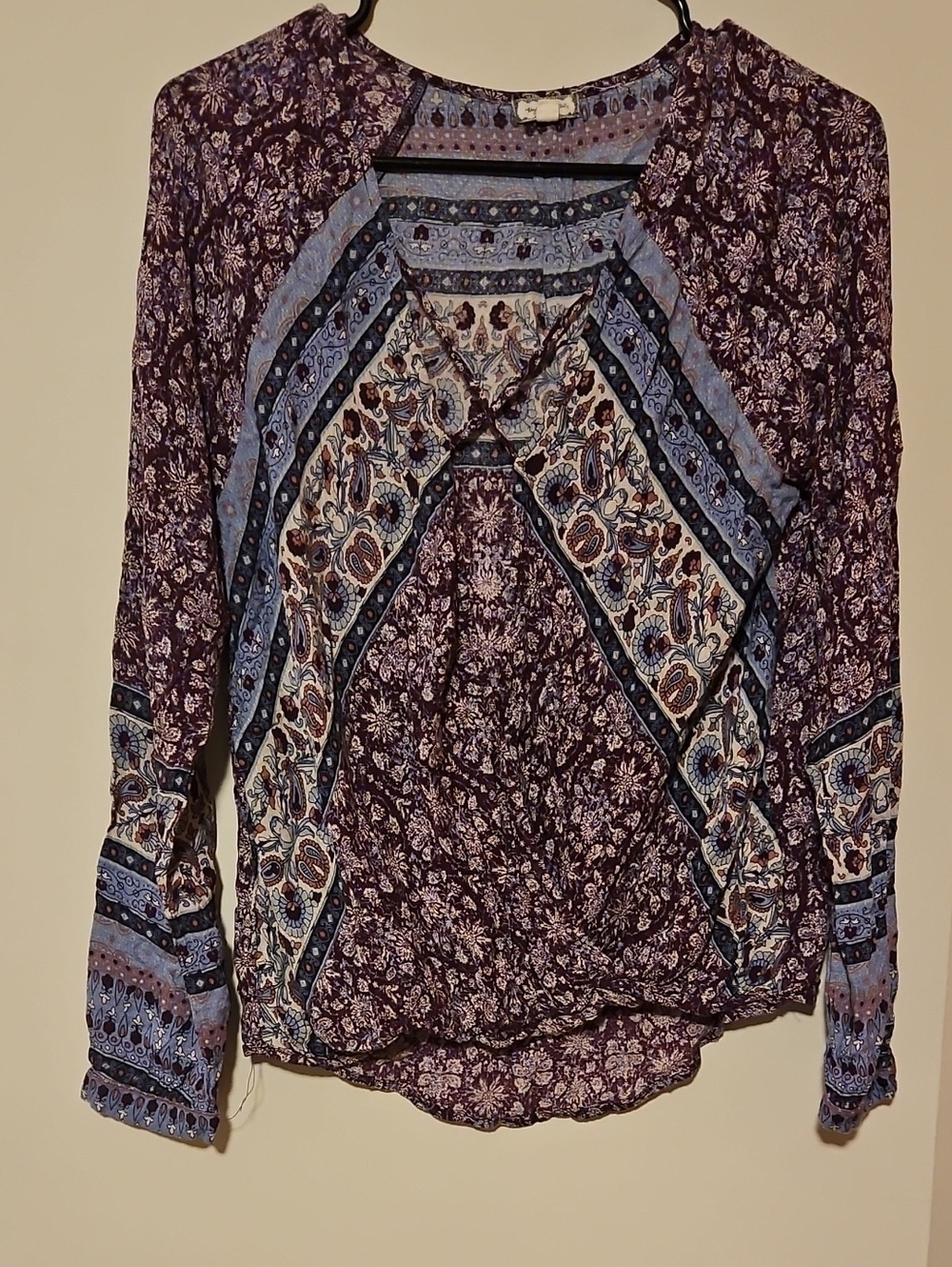 Eyeshadow Purple Floral Patchwork Blouse with Blue Accents